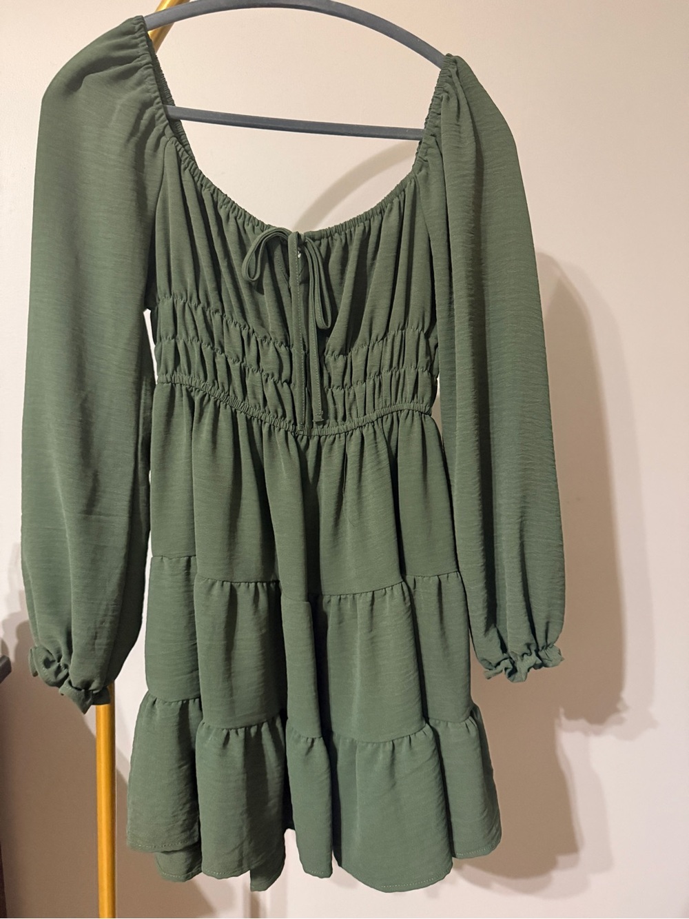 Liberty Love Olive Green Smocked Tiered Long-Sleeve Dress